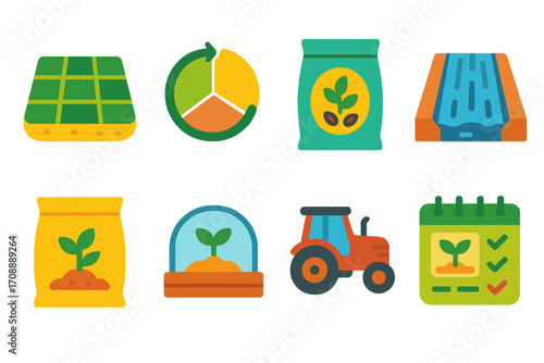 Agriculture vector icon set. featuring solar, pie chart, irrigation, seeds, greenhouse, tractor, and calendar symbols