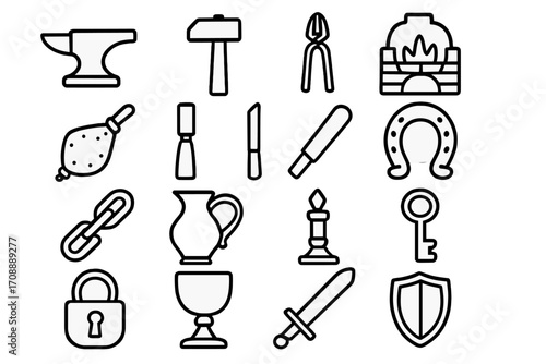 Medieval tools and symbols linear icon set. featuring anvil, hammer, forge, pliers, and key