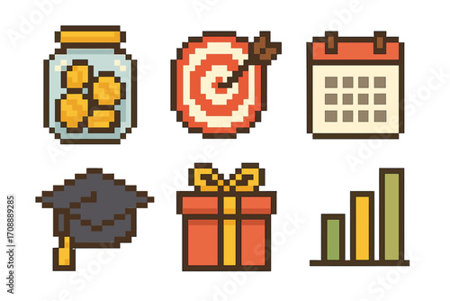 Pixel art icon set. featuring coin jar, dartboard, calendar, graduation cap, gift, and bar graph
