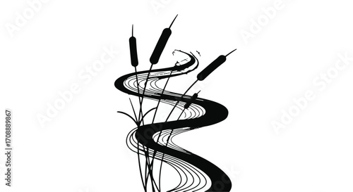 Serene reeds sway beside a winding, flowing river in a graphic, minimalist design.