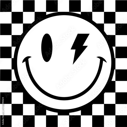 
Smiley face with lightning eye on checkered background, grunge alternative emoji, punk rock style, rave culture
