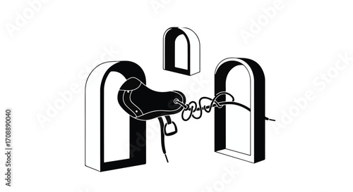 Abstract illustration of a saddle and reins between arched doorways
