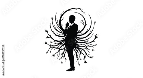Silhouette of a thoughtful businessman with abstract organic growth emanating from his body
