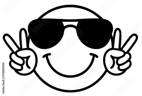 Cool smiley face with sunglasses showing peace hands