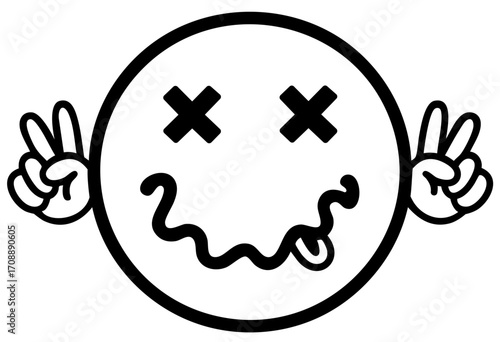 Crazy smiley face with crossed out eyes, tongue and peace hands, rebellious grunge emoji symbol of punk, rave and alternative youth culture illustration