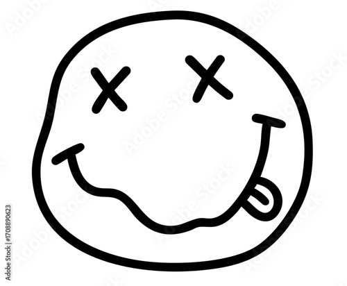 Distorted trippy smiley face with crossed eyes and tongue, acid psychedelic emoji