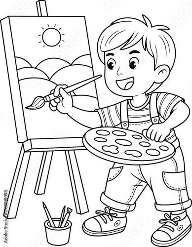 Young boy painting on canvas, kid artist with brush, colorful art creation, children creativity, child drawing, happy painter, kids art activity, fun painting time, artistic child learning