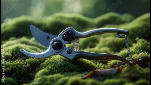 Silver bypass pruners rest on a bed of vibrant green moss, bathed in soft, natural light;  a few fallen leaves scattered nearby