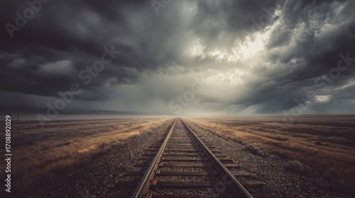 Train tracks through stormy sky