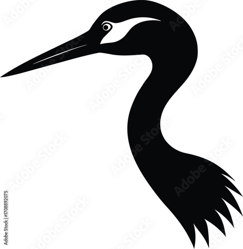 A silhouette of a large black-crowned night heron, with its beak and feathers detailed, is isolated on a white background