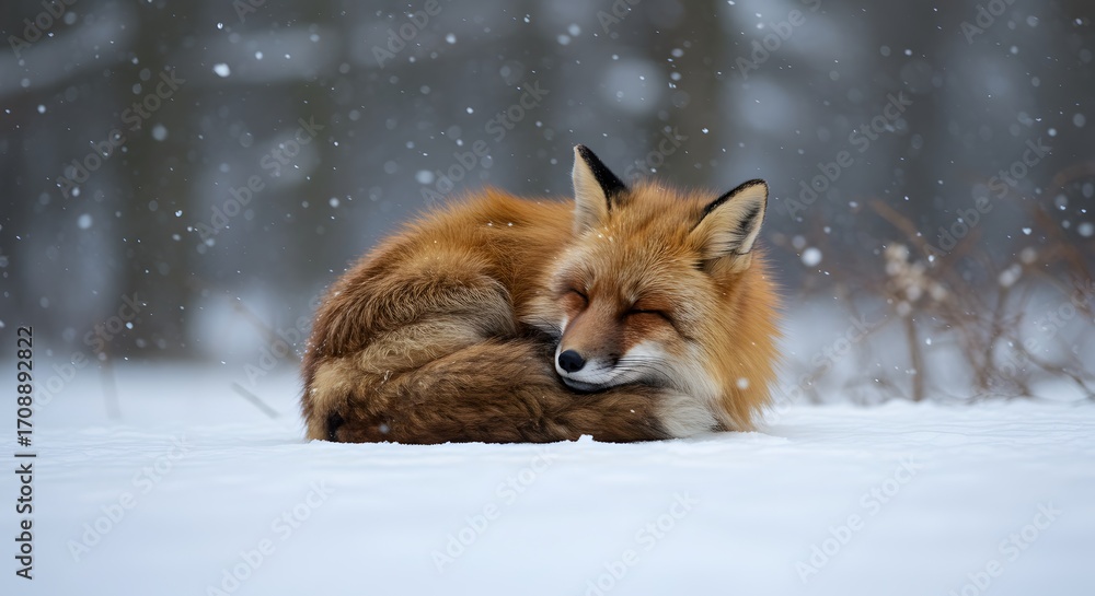 Fototapeta premium A red fox curled up asleep in the snow as snowflakes fall with a blurred forest backdrop