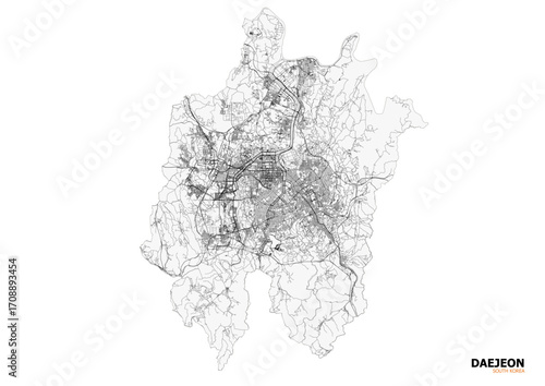 A minimalist black and white vector map of Daejeon’s highways and major road networks for clear design and navigation.