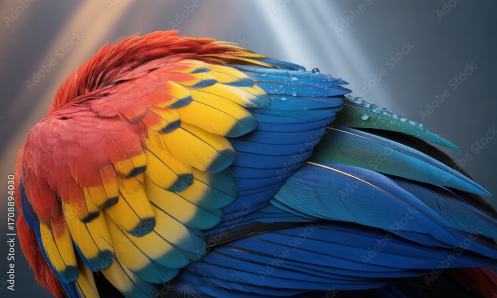 Fototapeta premium Close-up view of a vibrant parrot's back feathers, showcasing a mix of red, yellow, and blue hues. Water droplets are visible on the plumage