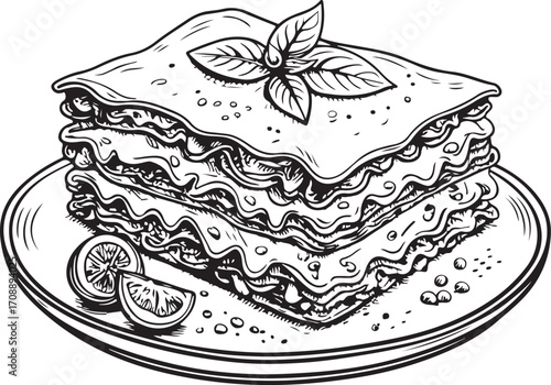Lasagna Italian Dish Cuisine Vector Illustration, Sketch Drawing Line Linear Symbol Icon Engraving Coloring Book, Hand-drawn Doodle Black and White Isolated