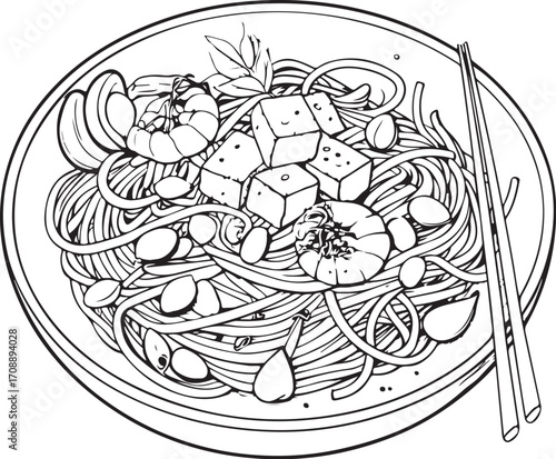 Pad Thai Asian Noodle Dish Cuisine Vector Illustration, Sketch Drawing Line Linear Symbol Icon Engraving Coloring Book, Hand-drawn Doodle Black and White Isolated
