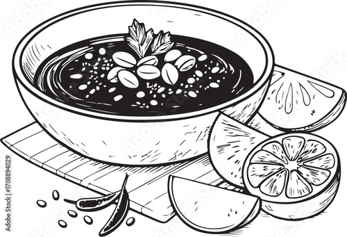 Mole Mexican Dish Cuisine Vector Illustration, Sketch Drawing Line Linear Symbol Icon Engraving Coloring Book, Hand-drawn Doodle Black and White Isolated