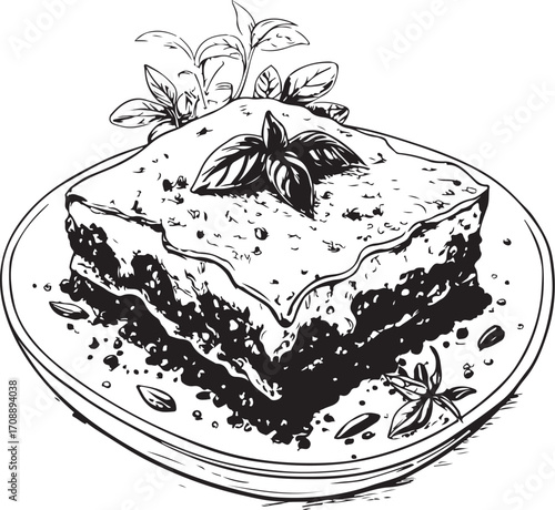 Moussaka Greek Dish Cuisine Vector Illustration, Sketch Drawing Line Linear Symbol Icon Engraving Coloring Book, Hand-drawn Doodle Black and White Isolated