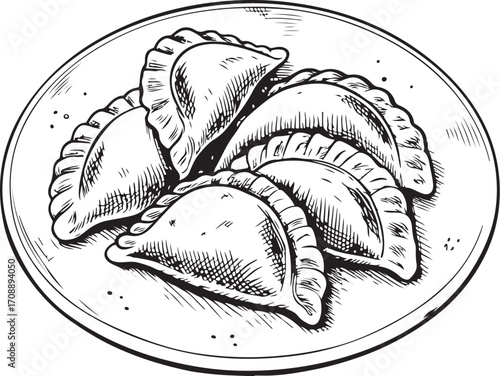 Pierogi Polish Dish Cuisine Vector Illustration, Sketch Drawing Line Linear Symbol Icon Engraving Coloring Book, Hand-drawn Doodle Black and White Isolated
