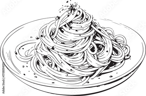 Spaghetti Pasta Italian Dish Cuisine Vector Illustration, Sketch Drawing Line Linear Symbol Icon Engraving Coloring Book, Hand-drawn Doodle Black and White Isolated