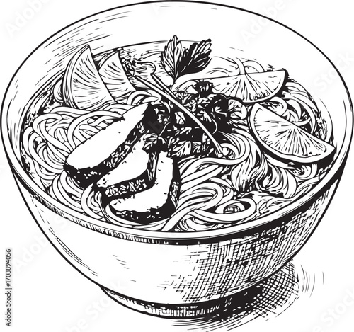 Pho Noodle Soup Vietnamese Dish Cuisine Vector Illustration, Sketch Drawing Line Linear Symbol Icon Engraving Coloring Book, Hand-drawn Doodle Black and White Isolated
