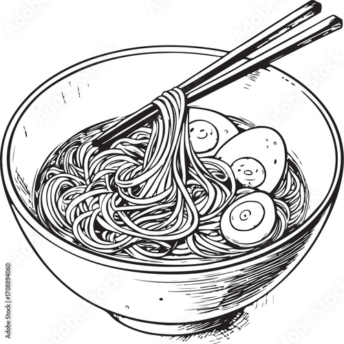 Ramen Japanese Noodle Soup Dish Cuisine Vector Illustration, Sketch Drawing Line Linear Symbol Icon Engraving Coloring Book, Hand-drawn Doodle Black and White Isolated