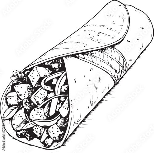 Shawarma Dish Middle East Cuisine Vector Illustration, Sketch Drawing Line Linear Symbol Icon Engraving Coloring Book, Hand-drawn Doodle Black and White Isolated