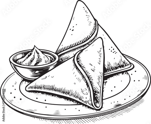 Samosa Indian Dish Cuisine Vector Illustration, Sketch Drawing Line Linear Symbol Icon Engraving Coloring Book, Hand-drawn Doodle Black and White Isolated