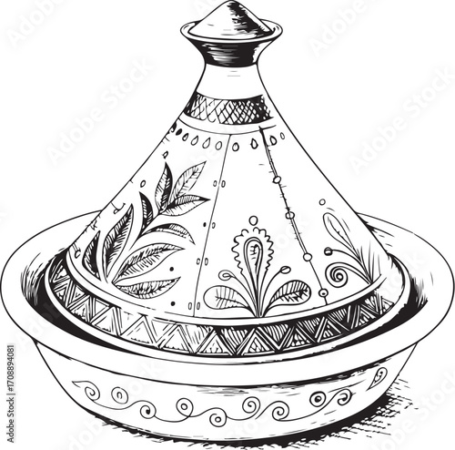 Tagine Morocco Dish Cuisine Vector Illustration, Sketch Drawing Line Linear Symbol Icon Engraving Coloring Book, Hand-drawn Doodle Black and White Isolated