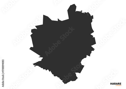 A black silhouette vector map of Harare, featuring clear outlines of the city's boundaries and key geographical features.