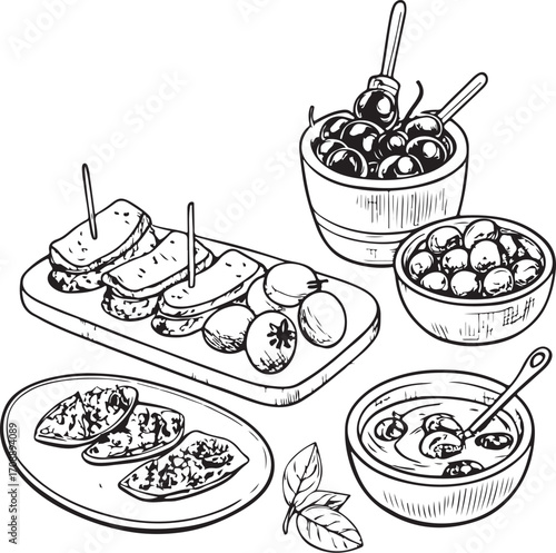 Tapas Spanish Dish Cuisine Vector Illustration, Sketch Drawing Line Linear Symbol Icon Engraving Coloring Book, Hand-drawn Doodle Black and White Isolated