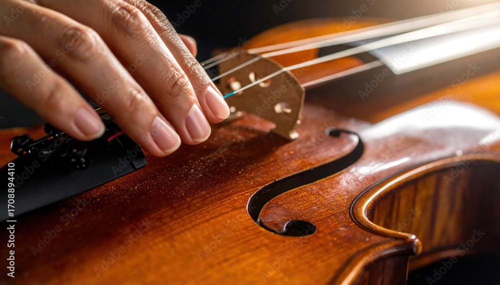 Fototapeta premium Closeup Violinists hand plucking strings on wooden violin.