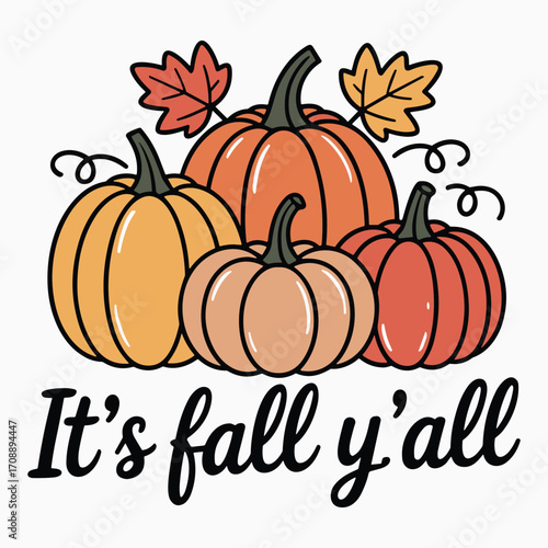 Festive fall pumpkins arrangement with "it's fall y'all" text for autumn celebrations