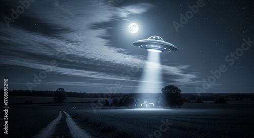 Silver UFO hovering above moonlit grassy field with glowing light beam on house under mysterious starry night sky