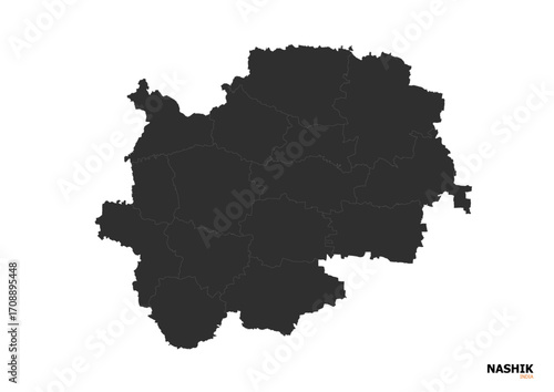 A black silhouette vector map of Nashik, featuring clear outlines of the city's boundaries and key geographical features.