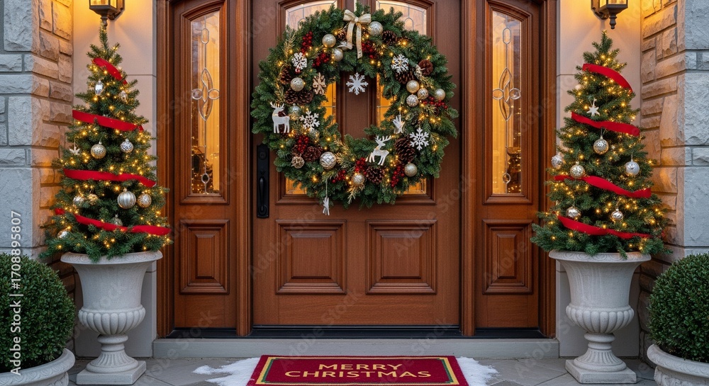 Fototapeta premium Christmas Decor: Front Door with Wreath and Trees