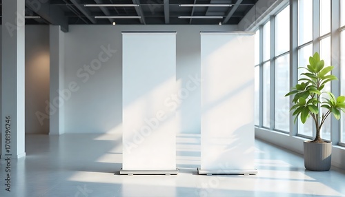 Modern Office Hall with Two Empty White Roll-Up Banner Stands for Business Presentations, mockup, Blank roll-up banner stand in contemporary office, created with generative ai