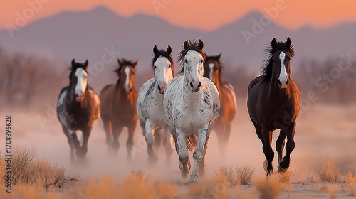 Herd of wild horses galloping across open plain at sunset, dust rising, cinematic energy