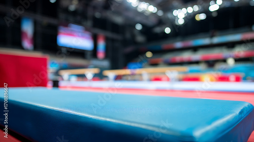 Wallpaper Mural Close-up of a blue gymnastics mat in an indoor sports arena with blurred background seating and lighting Torontodigital.ca