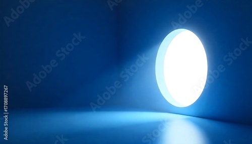 abstract blue minimalist background. Bright light going through the round hole inside the empty dark room, 3d rendering, created with generative ai