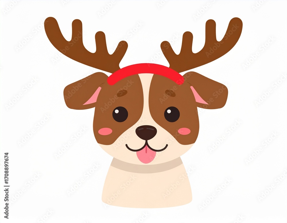 Fototapeta premium Cute Dog Wearing Reindeer Antlers Cartoon Illustration. Cartoon style flat illustration of a small dog wearing reindeer antlers headband on white background. Perfect for holiday and Christmas designs.