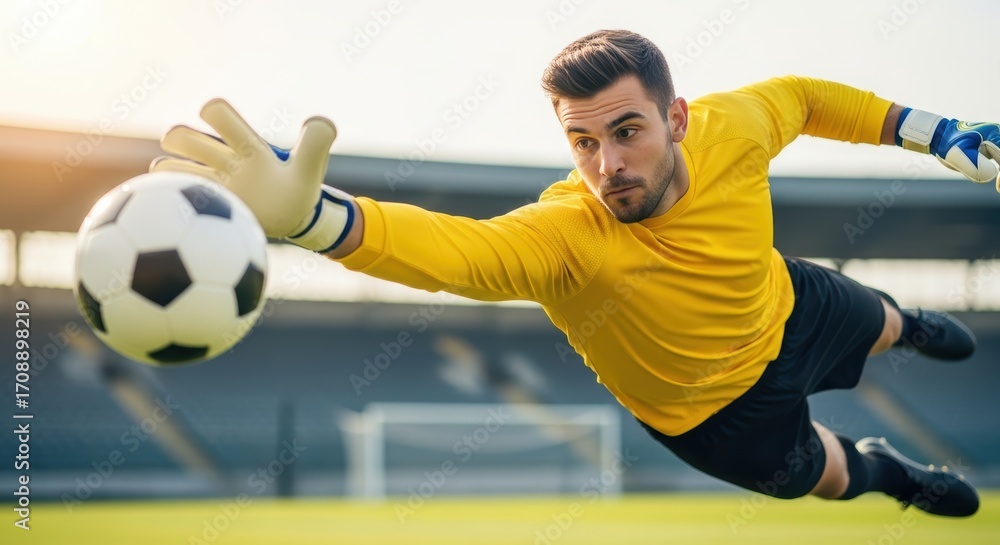 Fototapeta premium Soccer goalkeeper diving to save a soccer ball during a match.