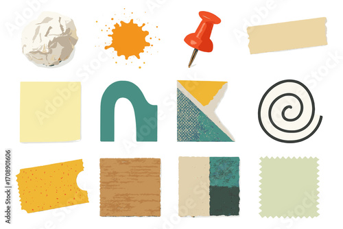 Office supplies flat icon set. featuring crumpled paper, paint splat, pushpin, tape, sticky note, folder, spiral