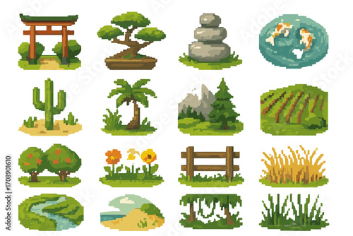 Nature and landscape pixel art icon set. featuring torii gate, bonsai, koi pond, cactus, palm, mountains, orchard, waterfall.