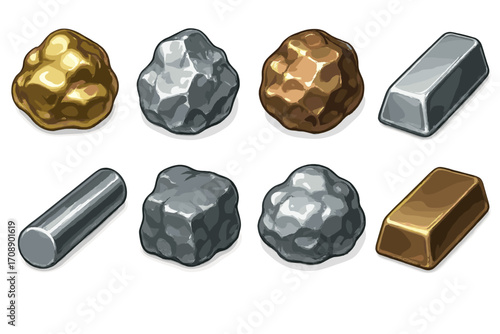 Precious metals flat icon set. featuring gold, silver, bronze, nugget, bar, ore, and mineral symbols