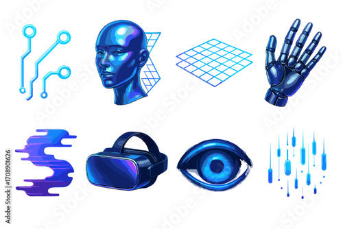 Futuristic technology neon icon set. featuring circuit, ai head, grid, robotic hand, vr, and digital eye symbols