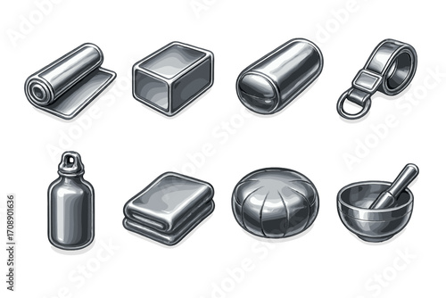 Yoga equipment silhouette icon set. featuring mat, block, bolster, strap, bottle, towel, cushion, and bowl