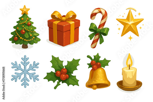 Christmas elements flat icon set. featuring tree, gift, candy cane, star, snowflake, holly, bell, and candle