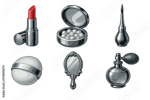 Beauty products silhouette icon set. featuring lipstick, powder, eyeliner, blush, mirror, and perfume