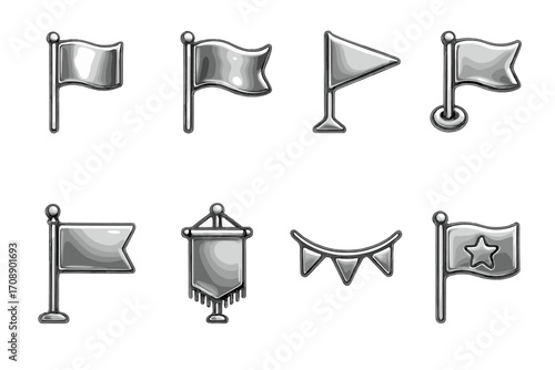 Flags silhouette icon set. featuring banners, pennants, signals, and standard symbols