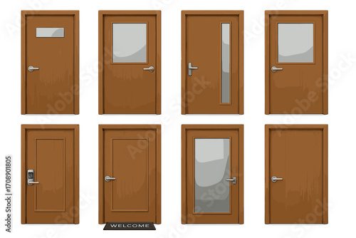 Door types flat icon set. featuring office, home, glass, wooden, metal, security, and welcome door symbols